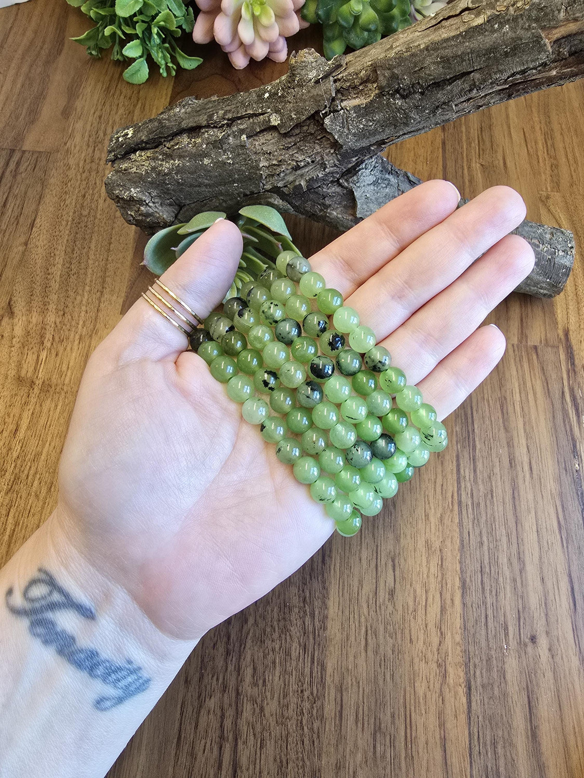 Inv - Green Grape Prehnite Bracelet | 8mm Bright Round Crystal Beads on Comfortable Hypoallergenic Band | Garnet Tourmaline Gift for Her