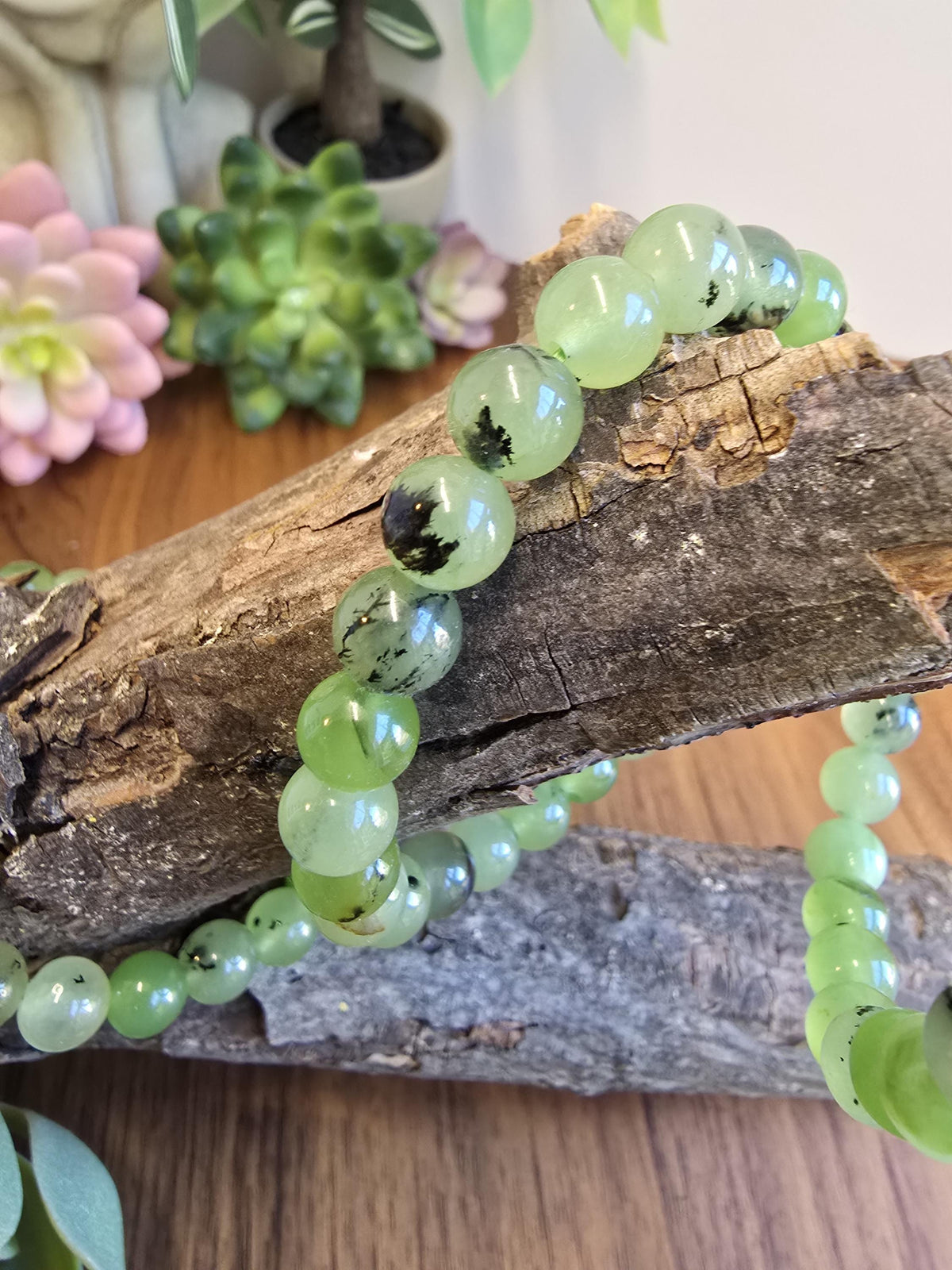 Inv - Green Grape Prehnite Bracelet | 8mm Bright Round Crystal Beads on Comfortable Hypoallergenic Band | Garnet Tourmaline Gift for Her
