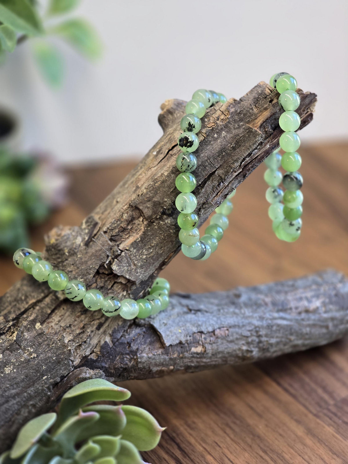 Inv - Green Grape Prehnite Bracelet | 8mm Bright Round Crystal Beads on Comfortable Hypoallergenic Band | Garnet Tourmaline Gift for Her