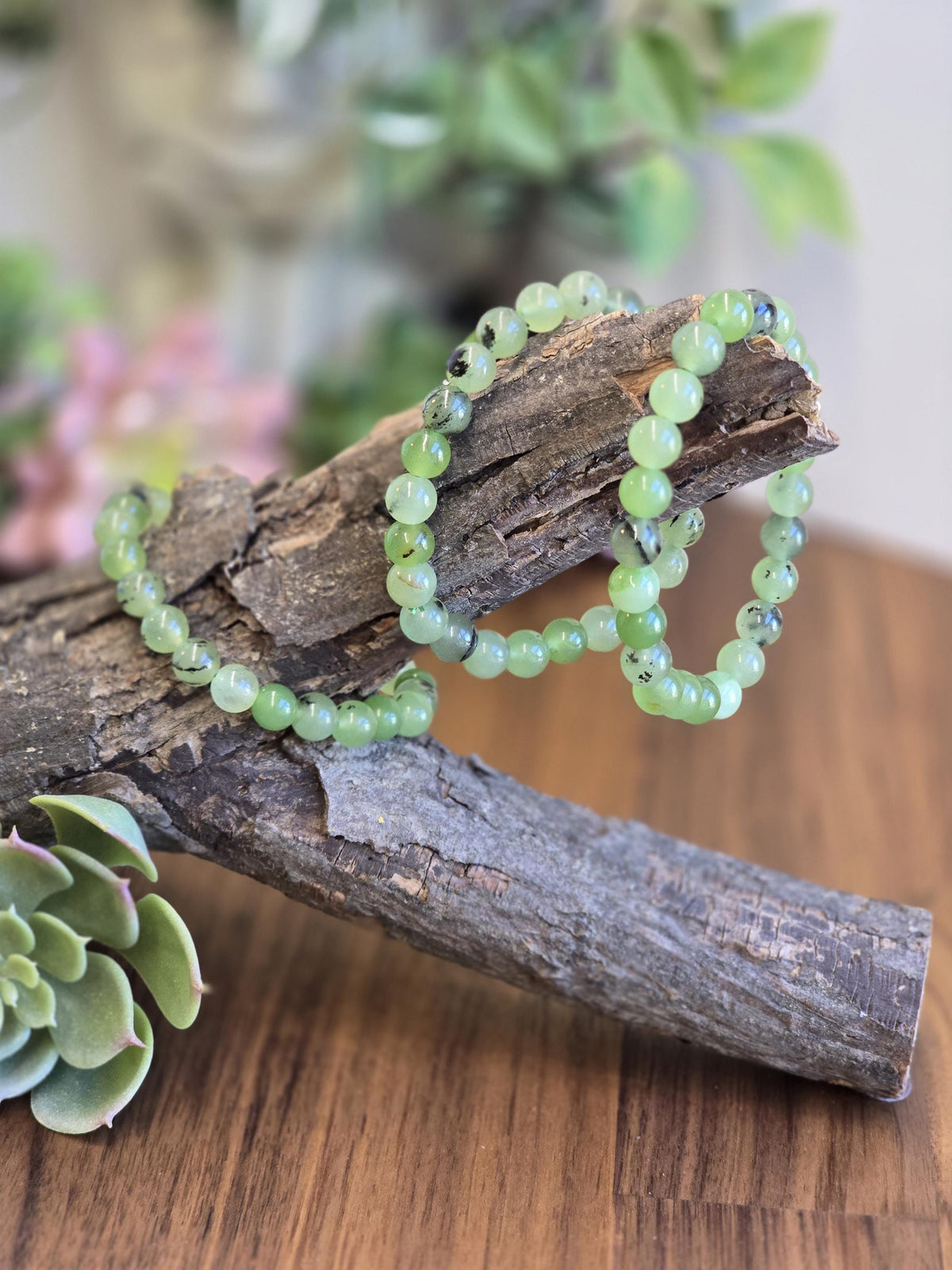 Inv - Green Grape Prehnite Bracelet | 8mm Bright Round Crystal Beads on Comfortable Hypoallergenic Band | Garnet Tourmaline Gift for Her