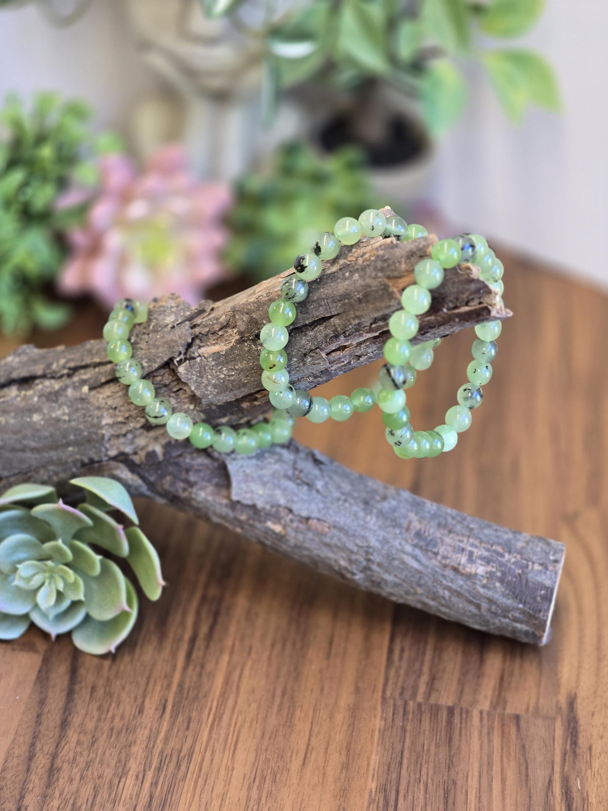Inv - Green Grape Prehnite Bracelet | 8mm Bright Round Crystal Beads on Comfortable Hypoallergenic Band | Garnet Tourmaline Gift for Her