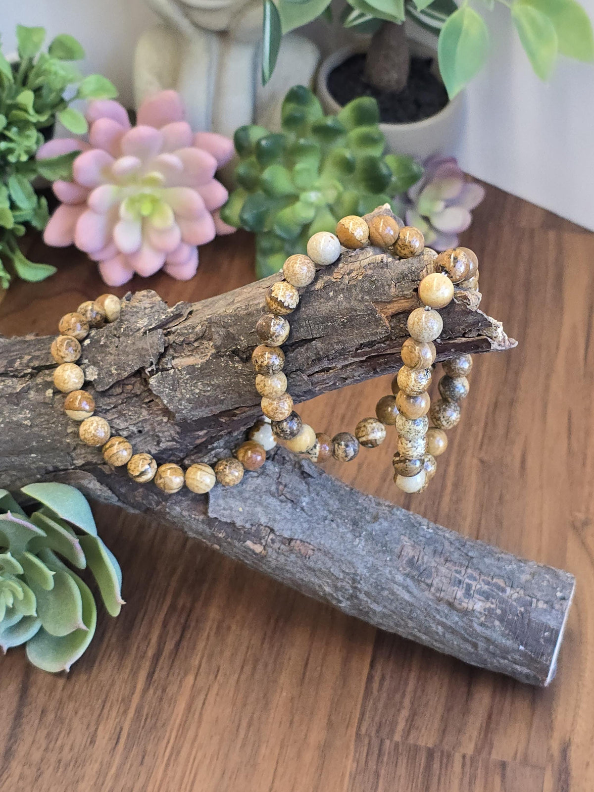 Inv - Picture Jasper Bracelet | 8mm Natural Beige, Tan & Brown Stones with Black Dendritic Desert Landscapes | ADHD Adult Fidget Idea