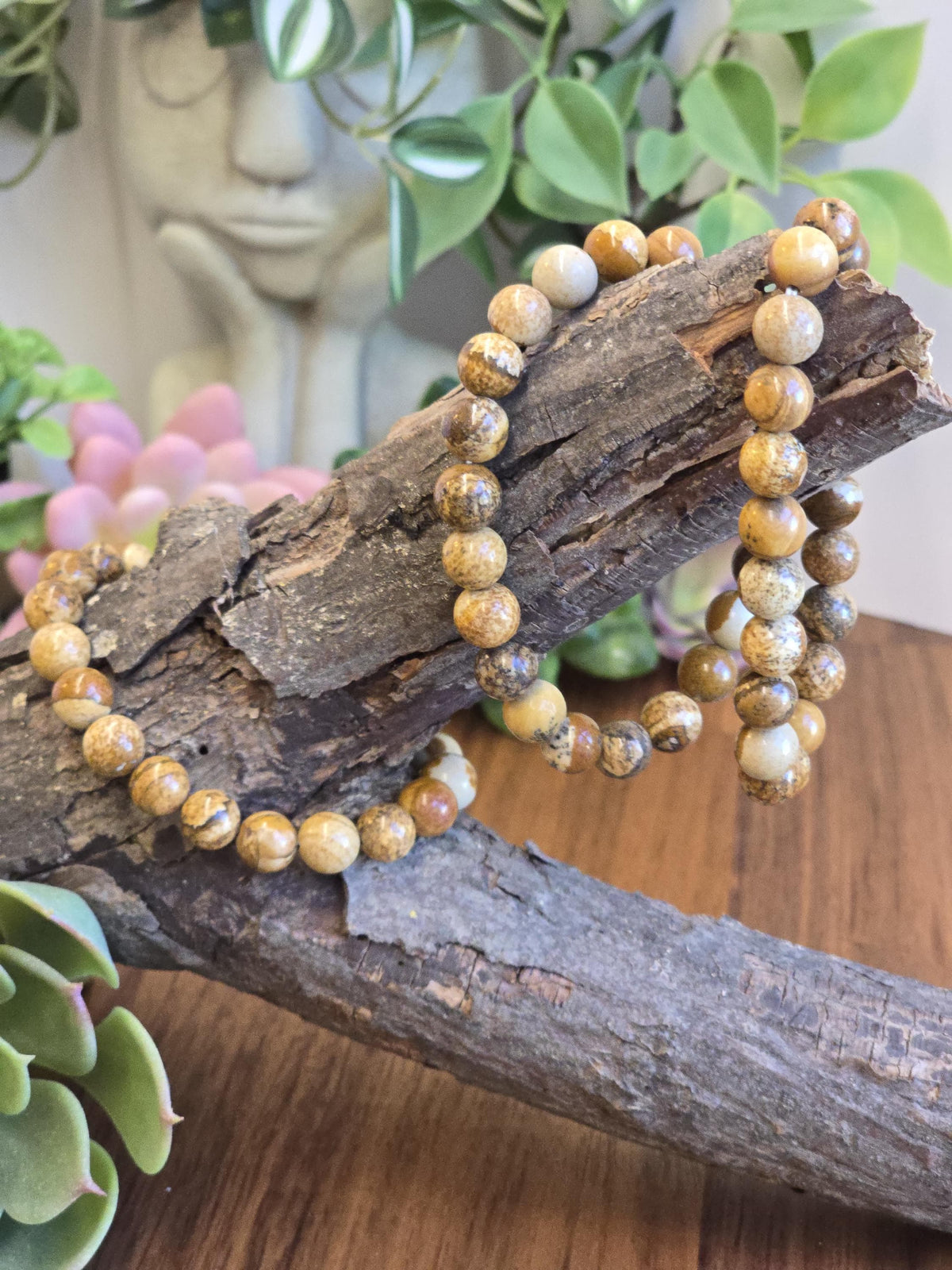 Inv - Picture Jasper Bracelet | 8mm Natural Beige, Tan & Brown Stones with Black Dendritic Desert Landscapes | ADHD Adult Fidget Idea
