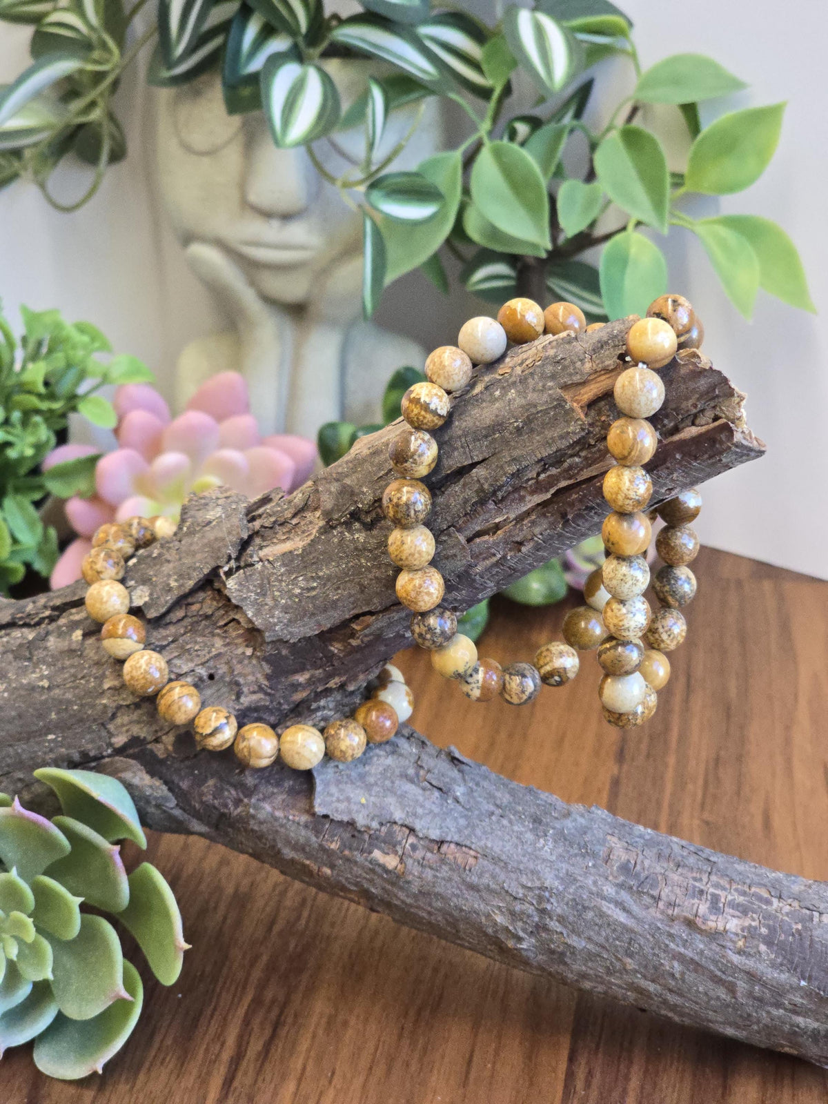 Inv - Picture Jasper Bracelet | 8mm Natural Beige, Tan & Brown Stones with Black Dendritic Desert Landscapes | ADHD Adult Fidget Idea