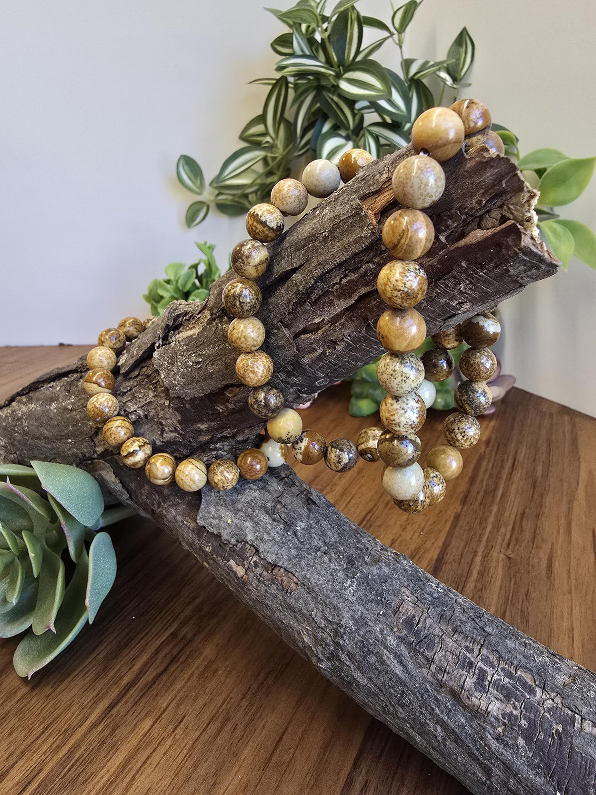 Inv - Picture Jasper Bracelet | 8mm Natural Beige, Tan & Brown Stones with Black Dendritic Desert Landscapes | ADHD Adult Fidget Idea