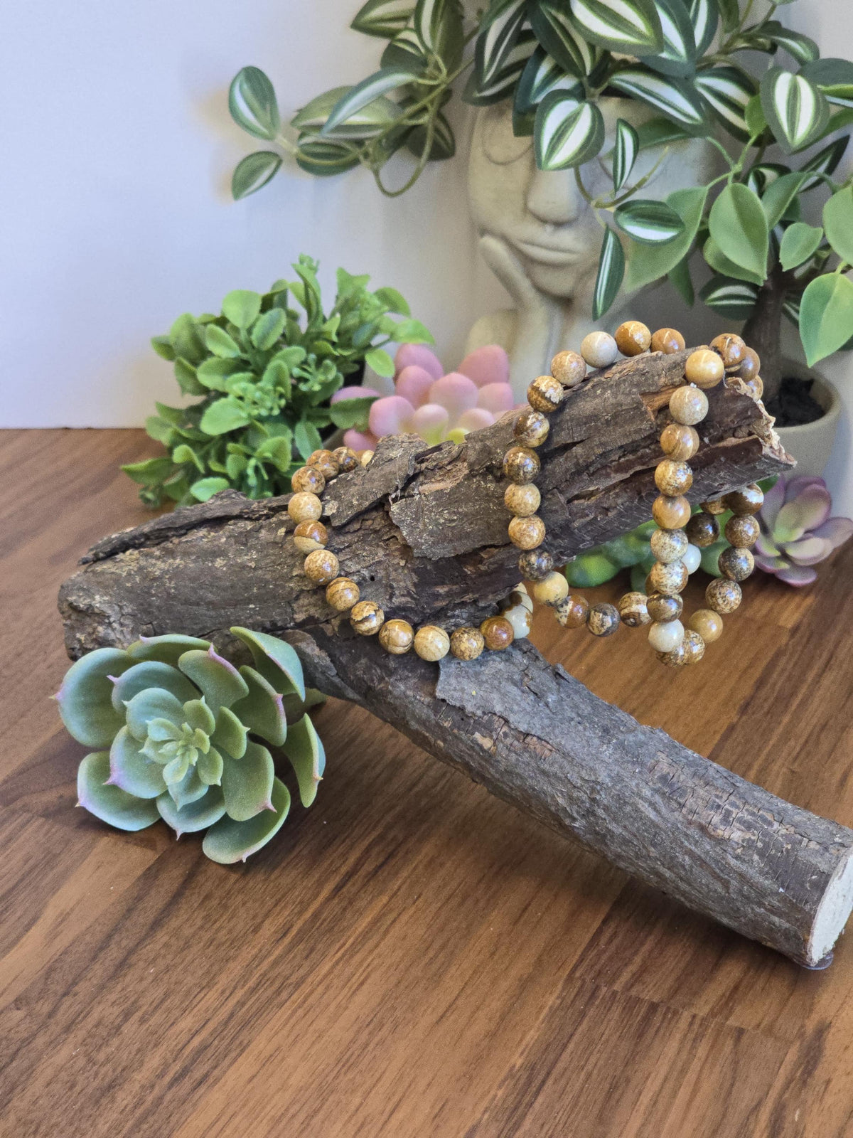 Inv - Picture Jasper Bracelet | 8mm Natural Beige, Tan & Brown Stones with Black Dendritic Desert Landscapes | ADHD Adult Fidget Idea