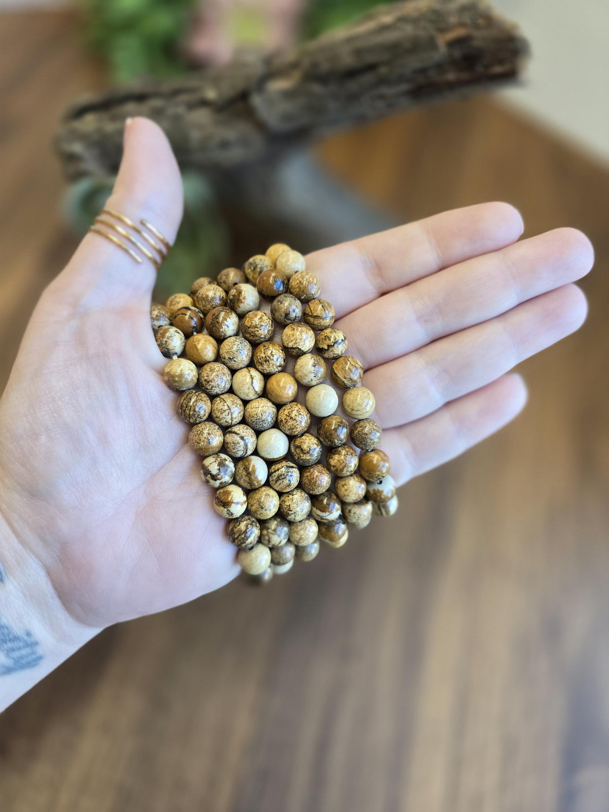 Inv - Picture Jasper Bracelet | 8mm Natural Beige, Tan & Brown Stones with Black Dendritic Desert Landscapes | ADHD Adult Fidget Idea