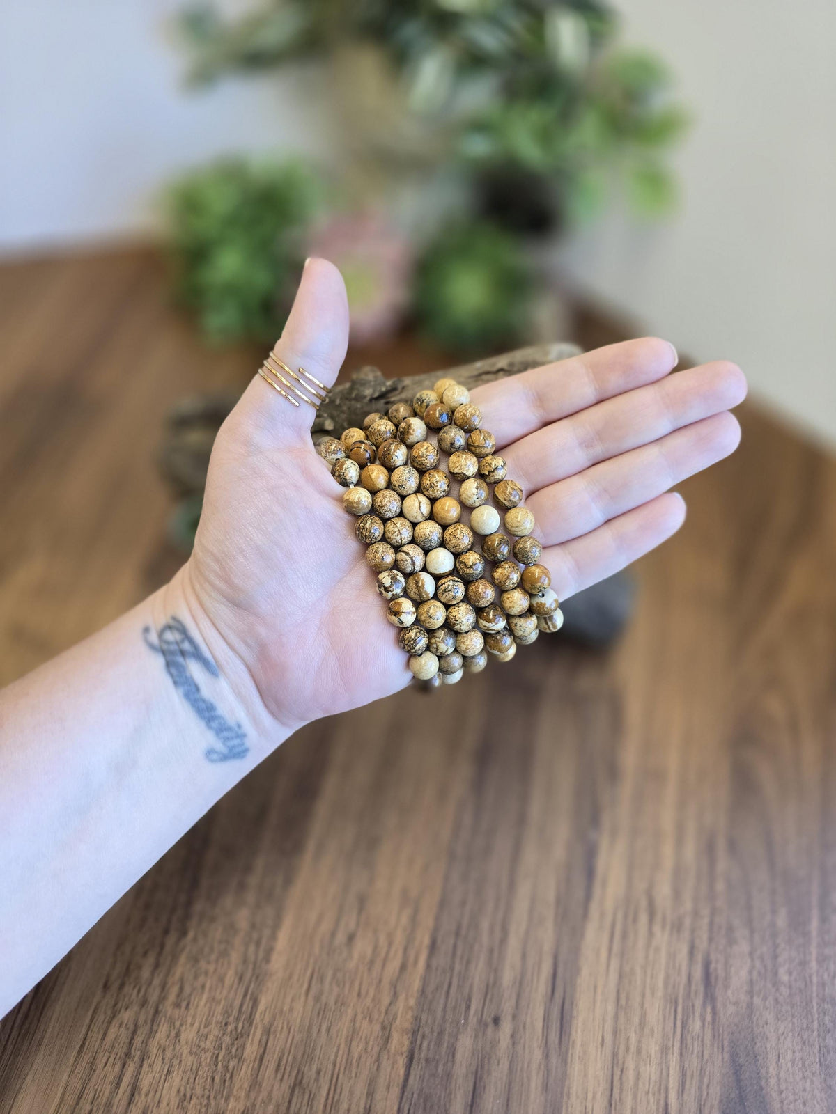 Inv - Picture Jasper Bracelet | 8mm Natural Beige, Tan & Brown Stones with Black Dendritic Desert Landscapes | ADHD Adult Fidget Idea