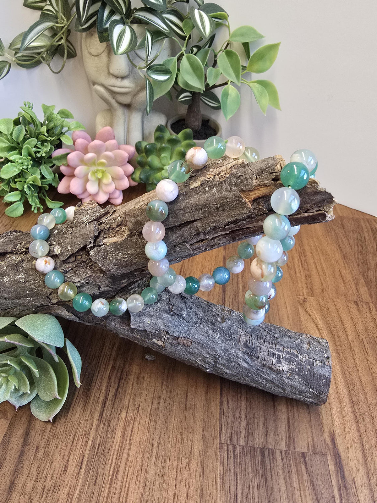 Inv - Green Flower Agate Bracelet | 8mm Crystal Beads, Pink and White Flowers on Sage Mint Matrix | Pretty Spring Fit, Birthday Gift for Her
