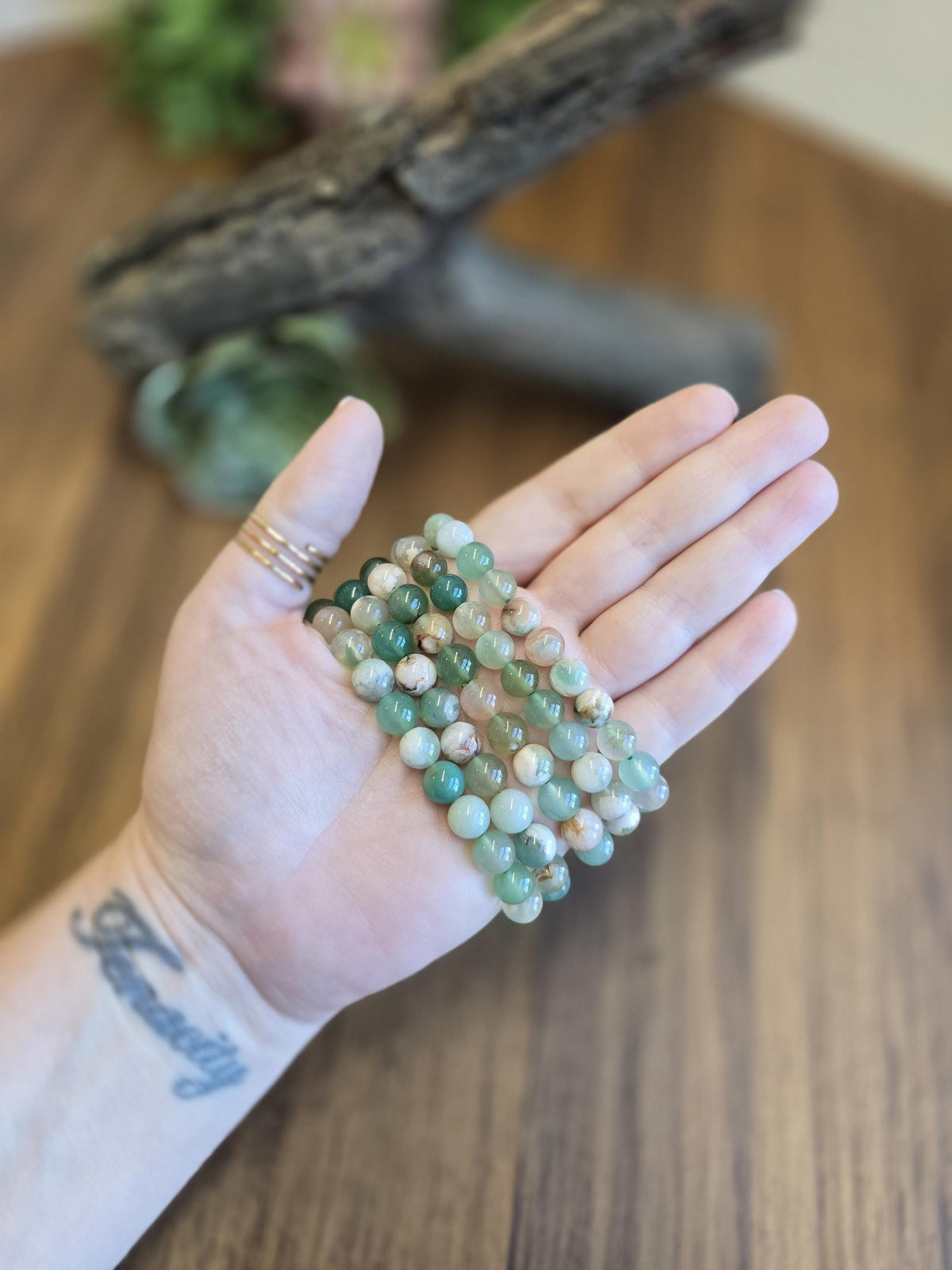 Inv - Green Flower Agate Bracelet | 8mm Crystal Beads, Pink and White Flowers on Sage Mint Matrix | Pretty Spring Fit, Birthday Gift for Her