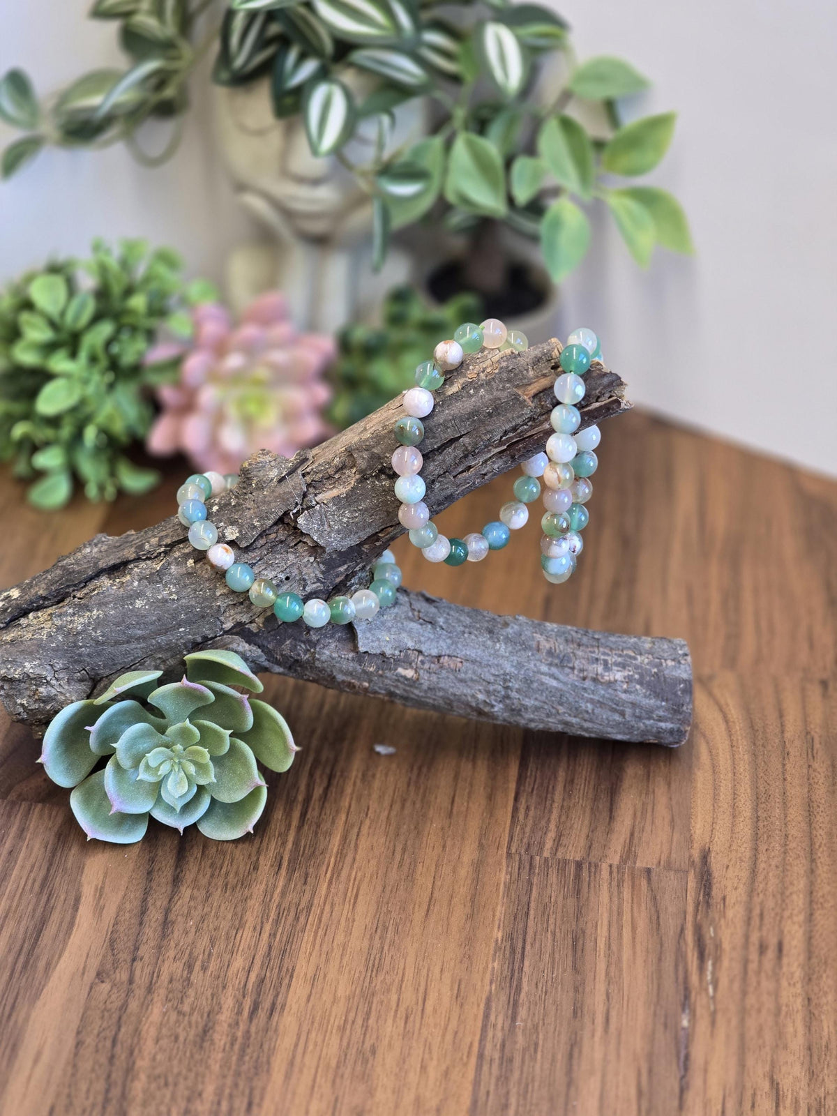 Inv - Green Flower Agate Bracelet | 8mm Crystal Beads, Pink and White Flowers on Sage Mint Matrix | Pretty Spring Fit, Birthday Gift for Her