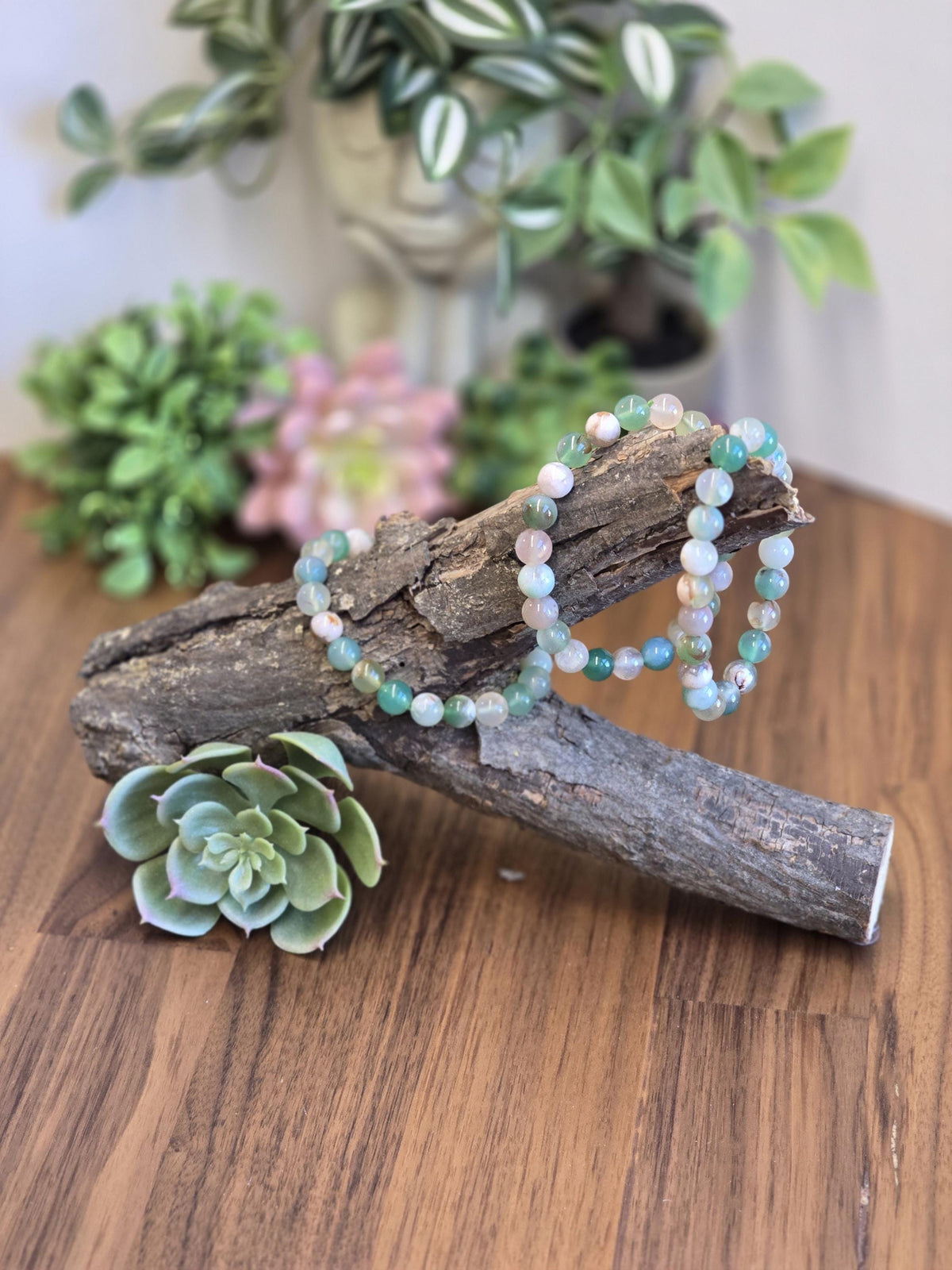 Inv - Green Flower Agate Bracelet | 8mm Crystal Beads, Pink and White Flowers on Sage Mint Matrix | Pretty Spring Fit, Birthday Gift for Her