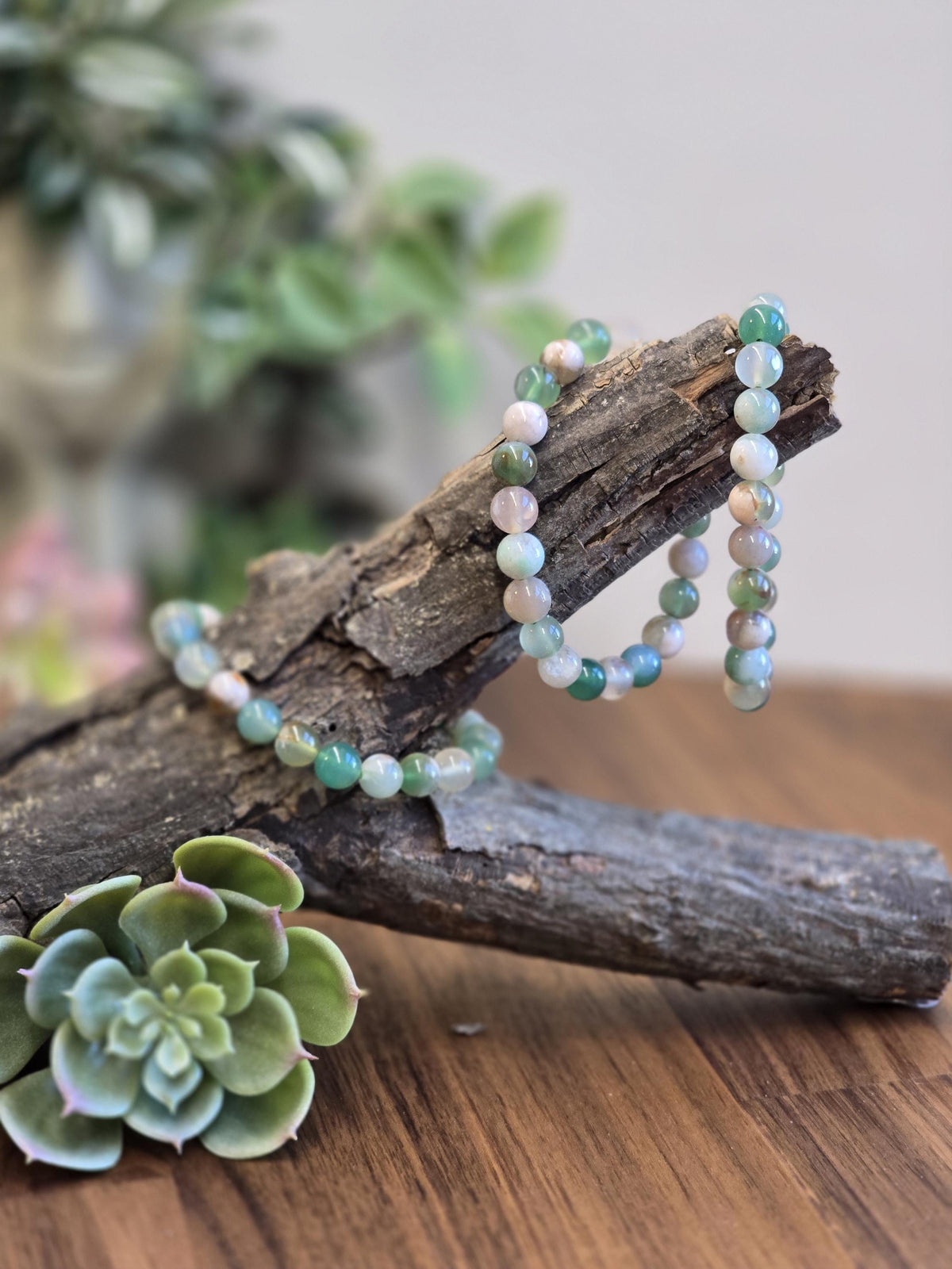 Inv - Green Flower Agate Bracelet | 8mm Crystal Beads, Pink and White Flowers on Sage Mint Matrix | Pretty Spring Fit, Birthday Gift for Her