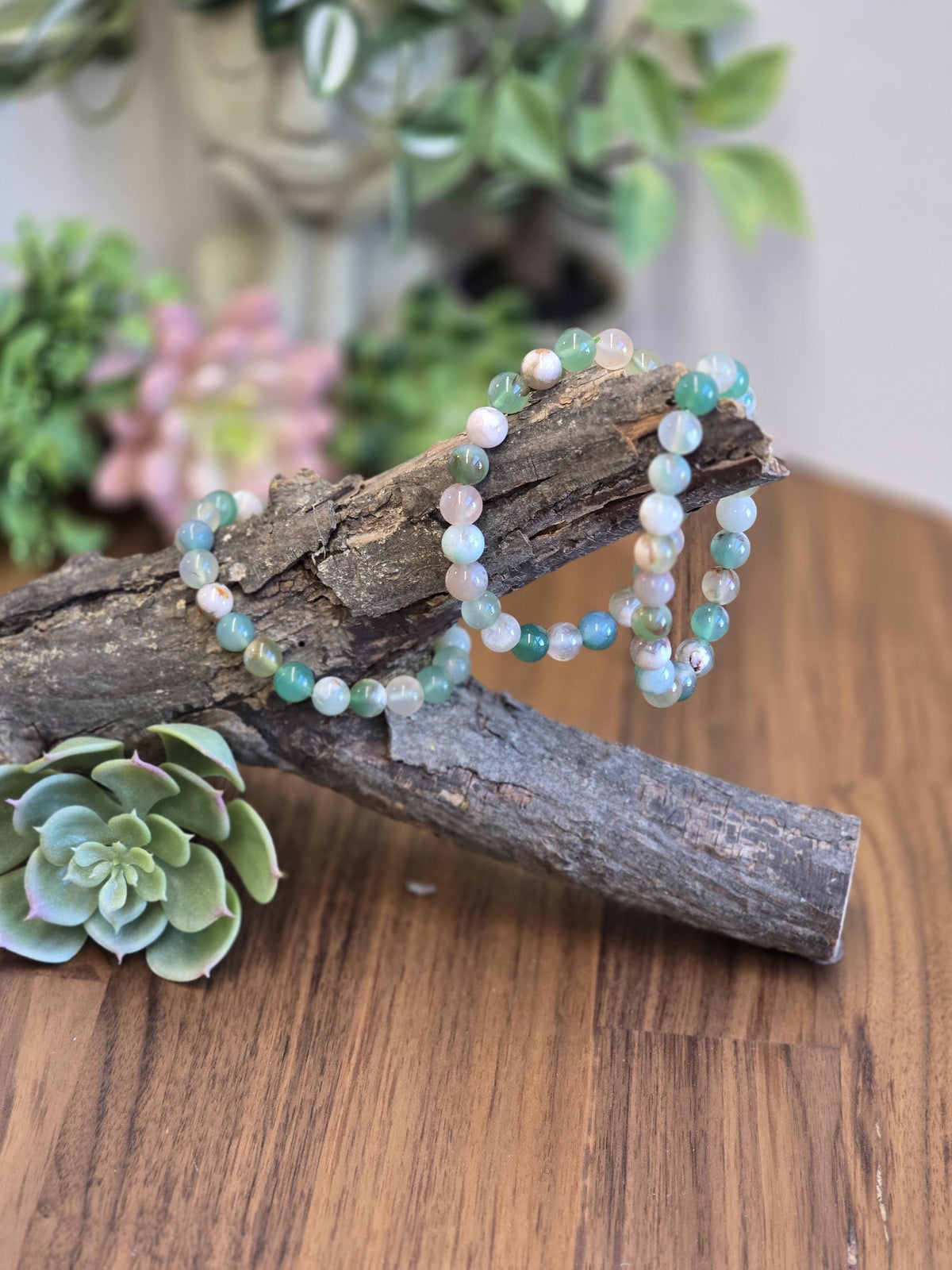 Inv - Green Flower Agate Bracelet | 8mm Crystal Beads, Pink and White Flowers on Sage Mint Matrix | Pretty Spring Fit, Birthday Gift for Her