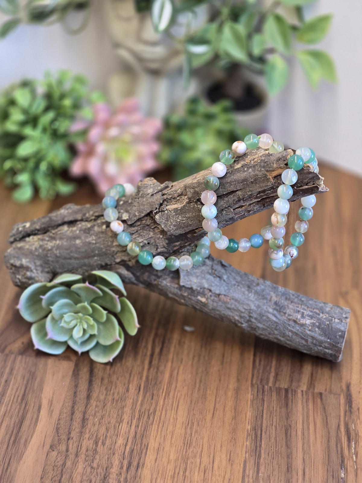 Inv - Green Flower Agate Bracelet | 8mm Crystal Beads, Pink and White Flowers on Sage Mint Matrix | Pretty Spring Fit, Birthday Gift for Her