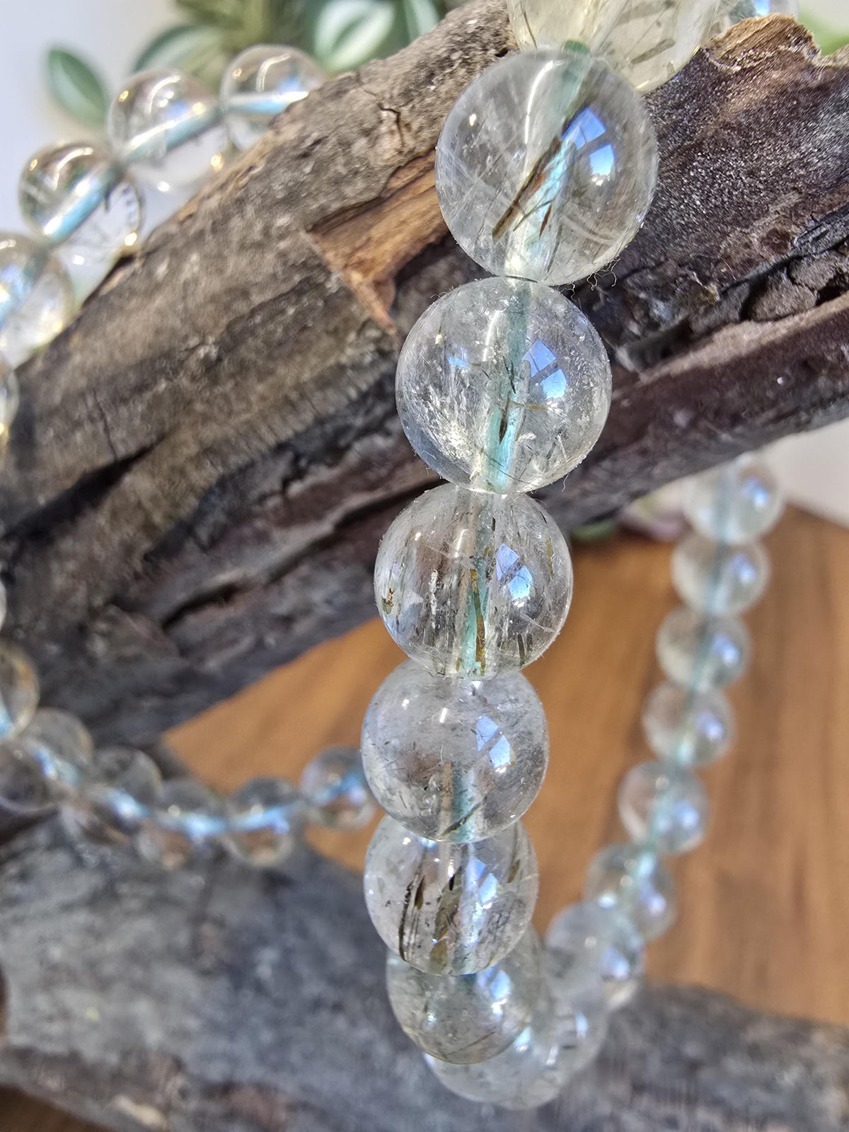 Inv - Green Rutile in Quartz Bracelet | 8mm High Quality Clear Quartz with Green Rutilated Strands - Only 2 Available