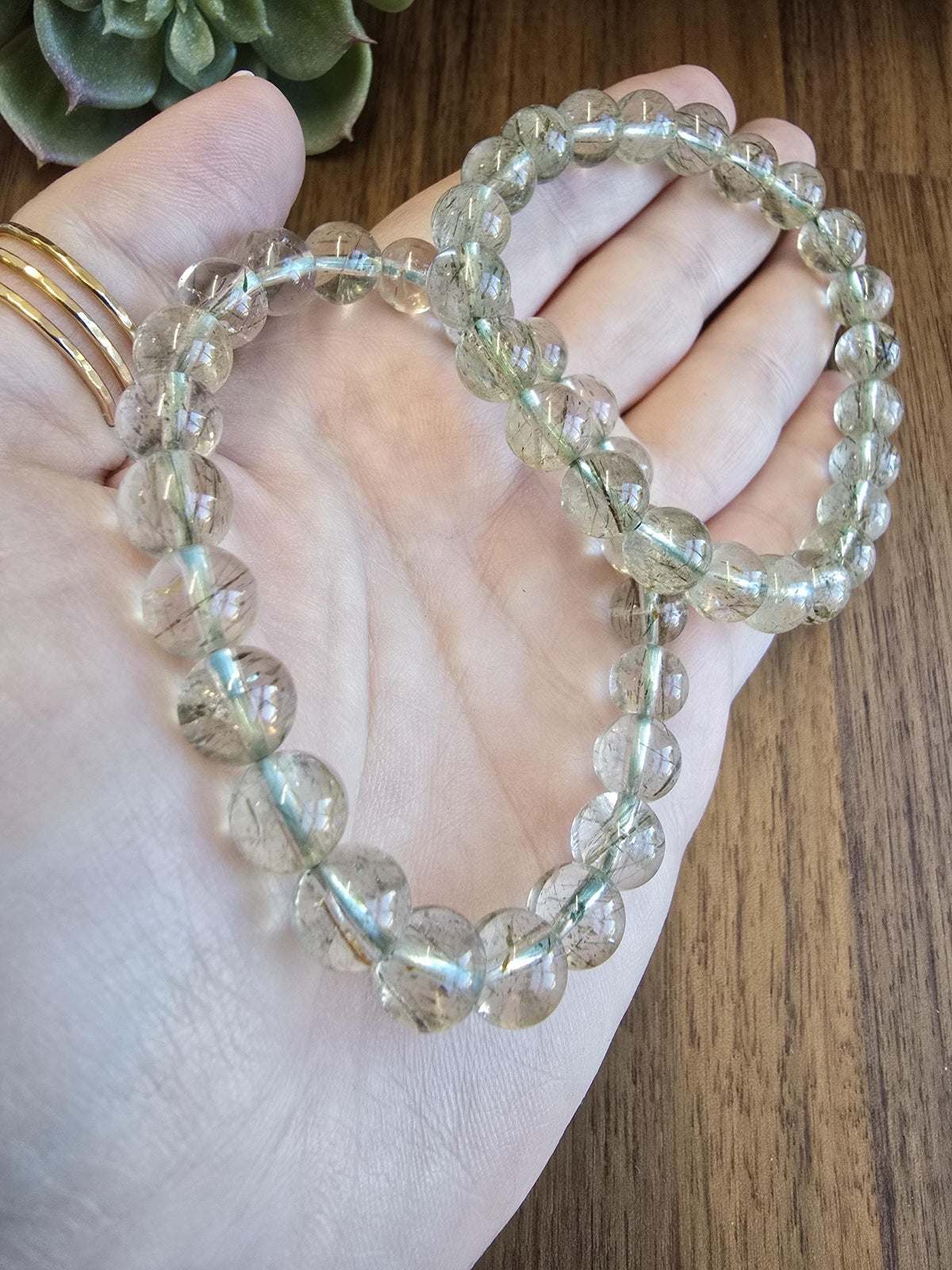 Inv - Green Rutile in Quartz Bracelet | 8mm High Quality Clear Quartz with Green Rutilated Strands - Only 2 Available