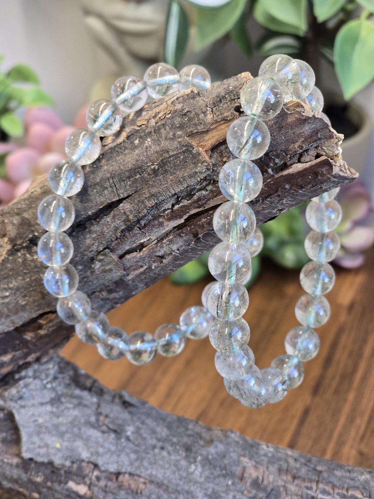 Inv - Green Rutile in Quartz Bracelet | 8mm High Quality Clear Quartz with Green Rutilated Strands - Only 2 Available