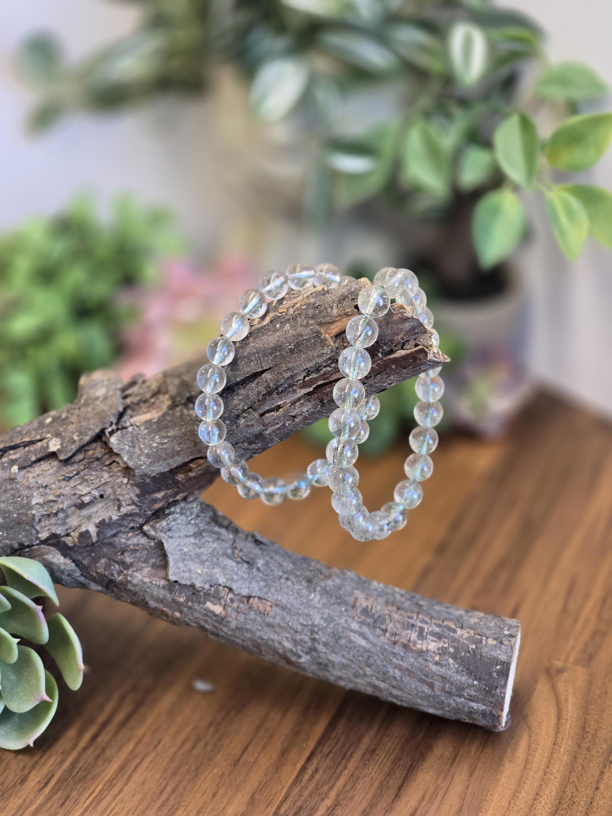 Inv - Green Rutile in Quartz Bracelet | 8mm High Quality Clear Quartz with Green Rutilated Strands - Only 2 Available