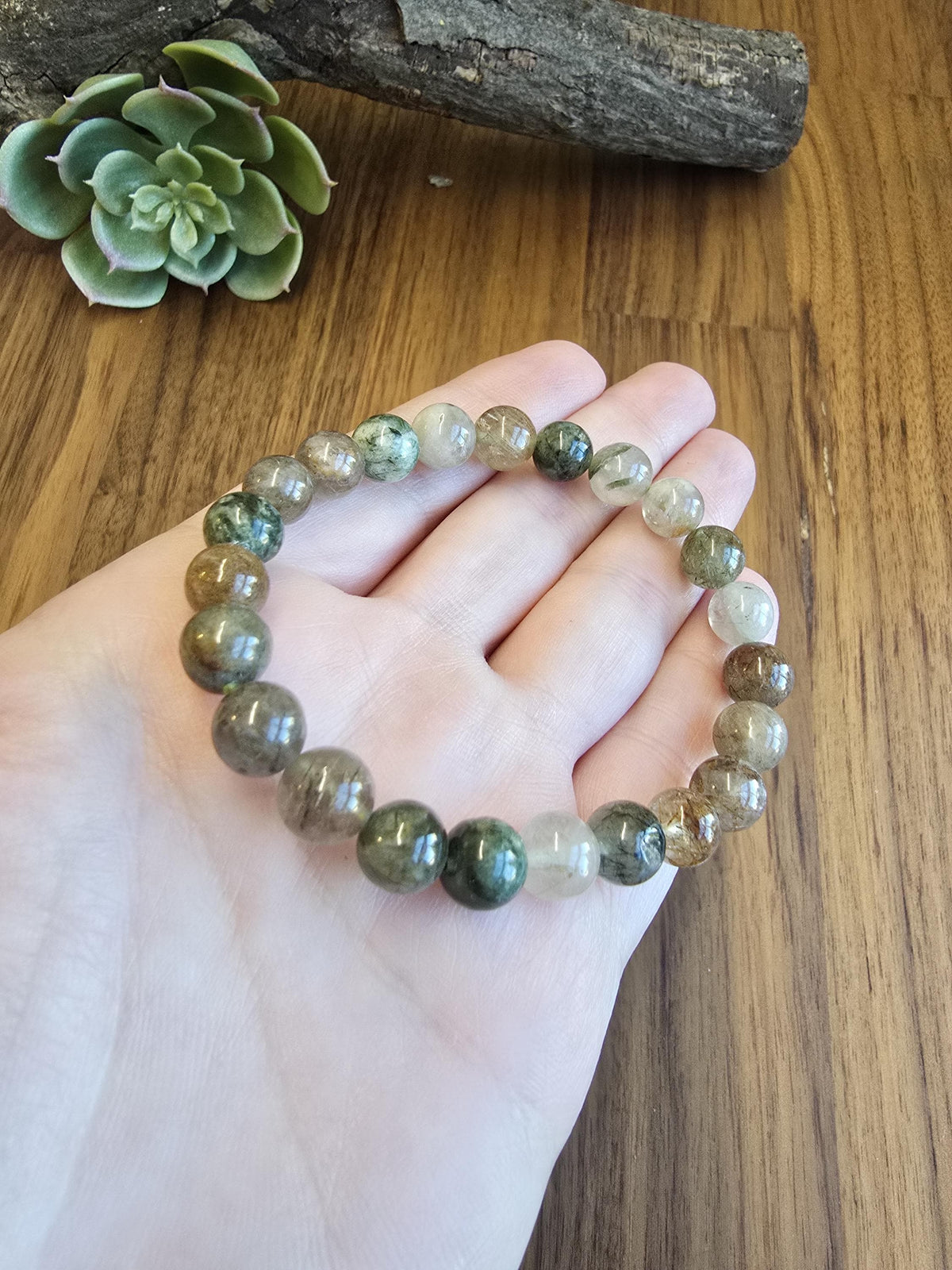 Green Routille Bracelet | 8MM Crystal Jewelry | Green & Gold Routille in Clear Quartz Matrix | Some Peachy Garden Like Inclusions | Gift