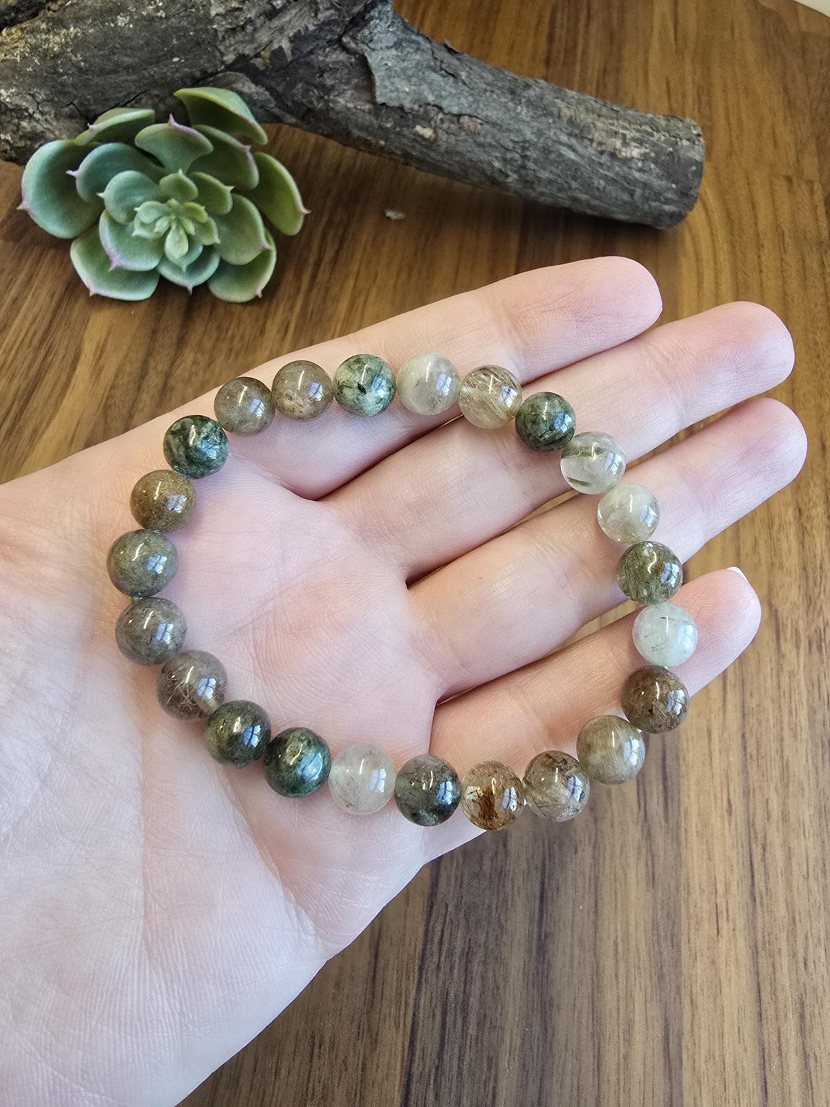 Green Routille Bracelet | 8MM Crystal Jewelry | Green & Gold Routille in Clear Quartz Matrix | Some Peachy Garden Like Inclusions | Gift