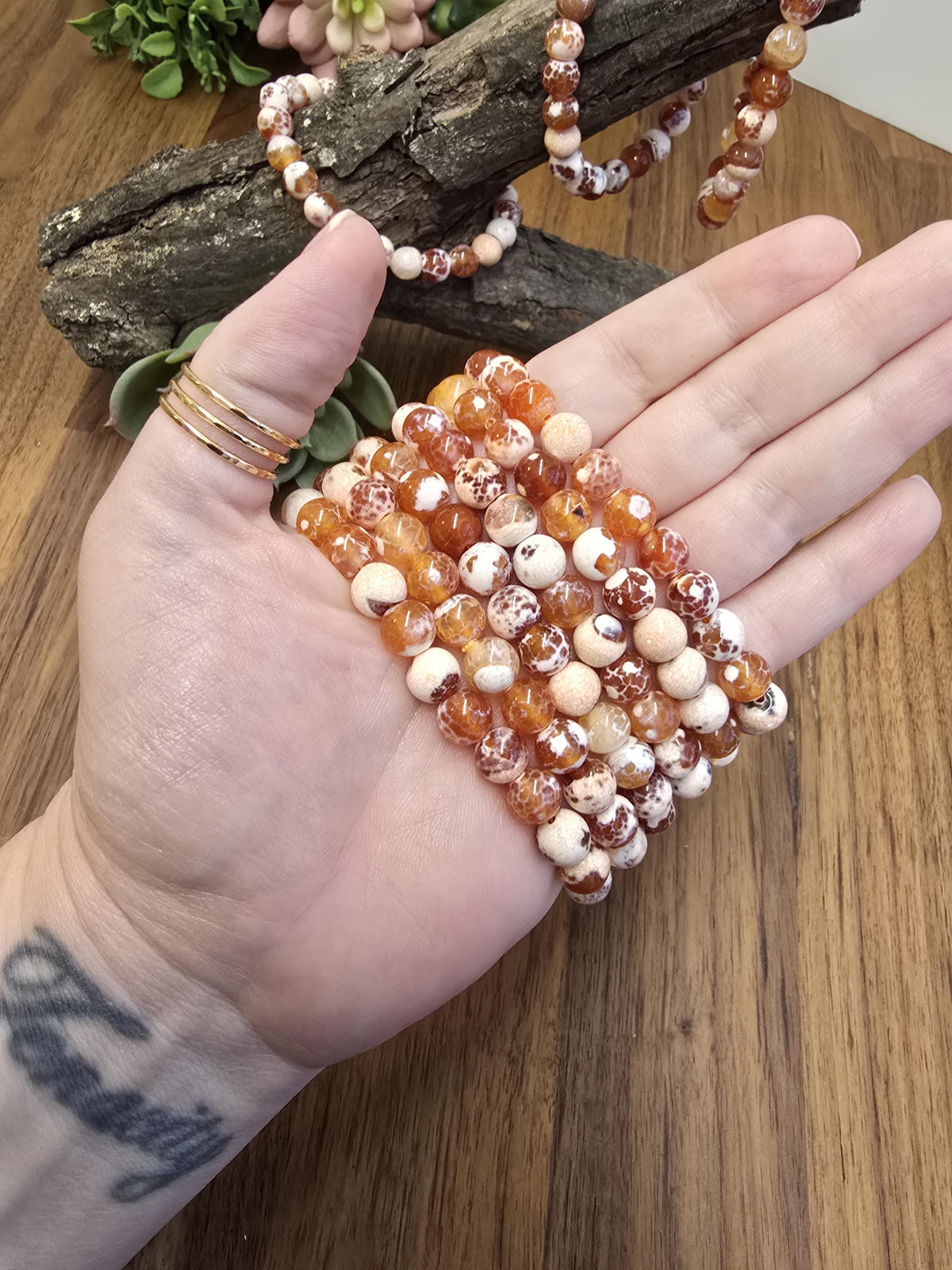 Inv - Orange Fire Agate Bracelet | 8mm Carnelian Fire Crackle Agate Crystal Beads | Sunny Warm Autumn Citrus Accessory