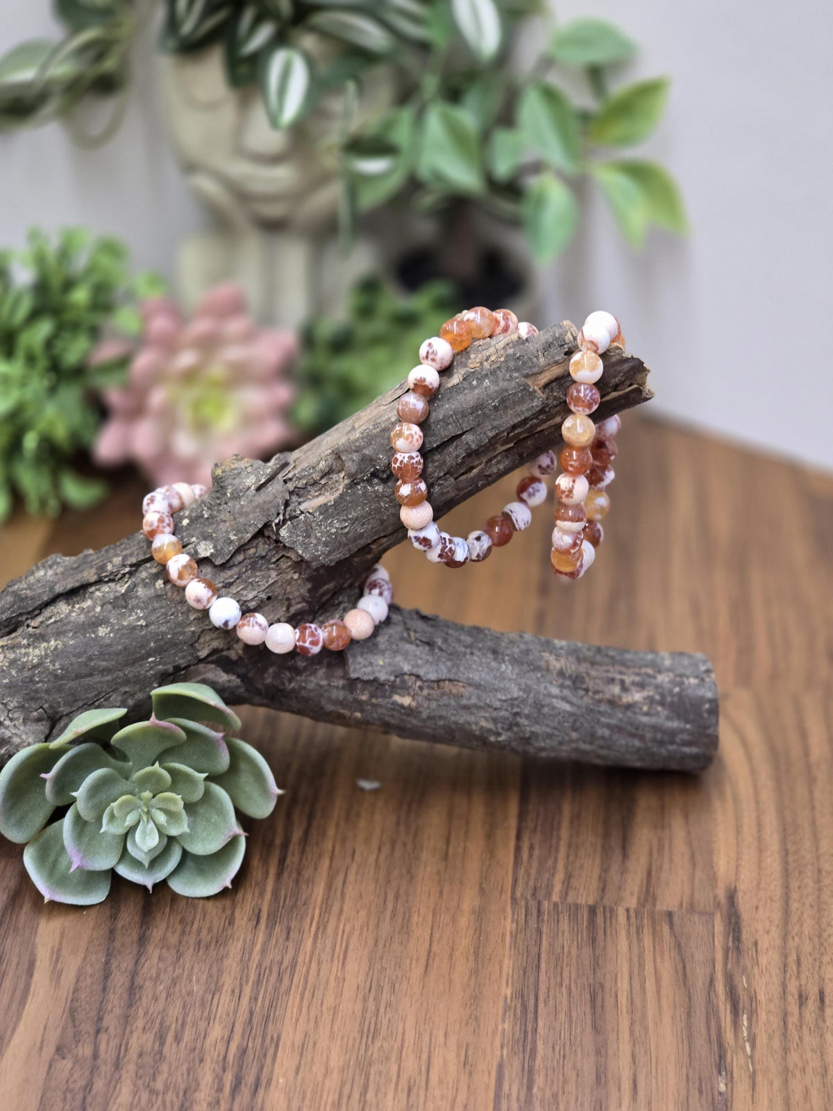 Inv - Orange Fire Agate Bracelet | 8mm Carnelian Fire Crackle Agate Crystal Beads | Sunny Warm Autumn Citrus Accessory