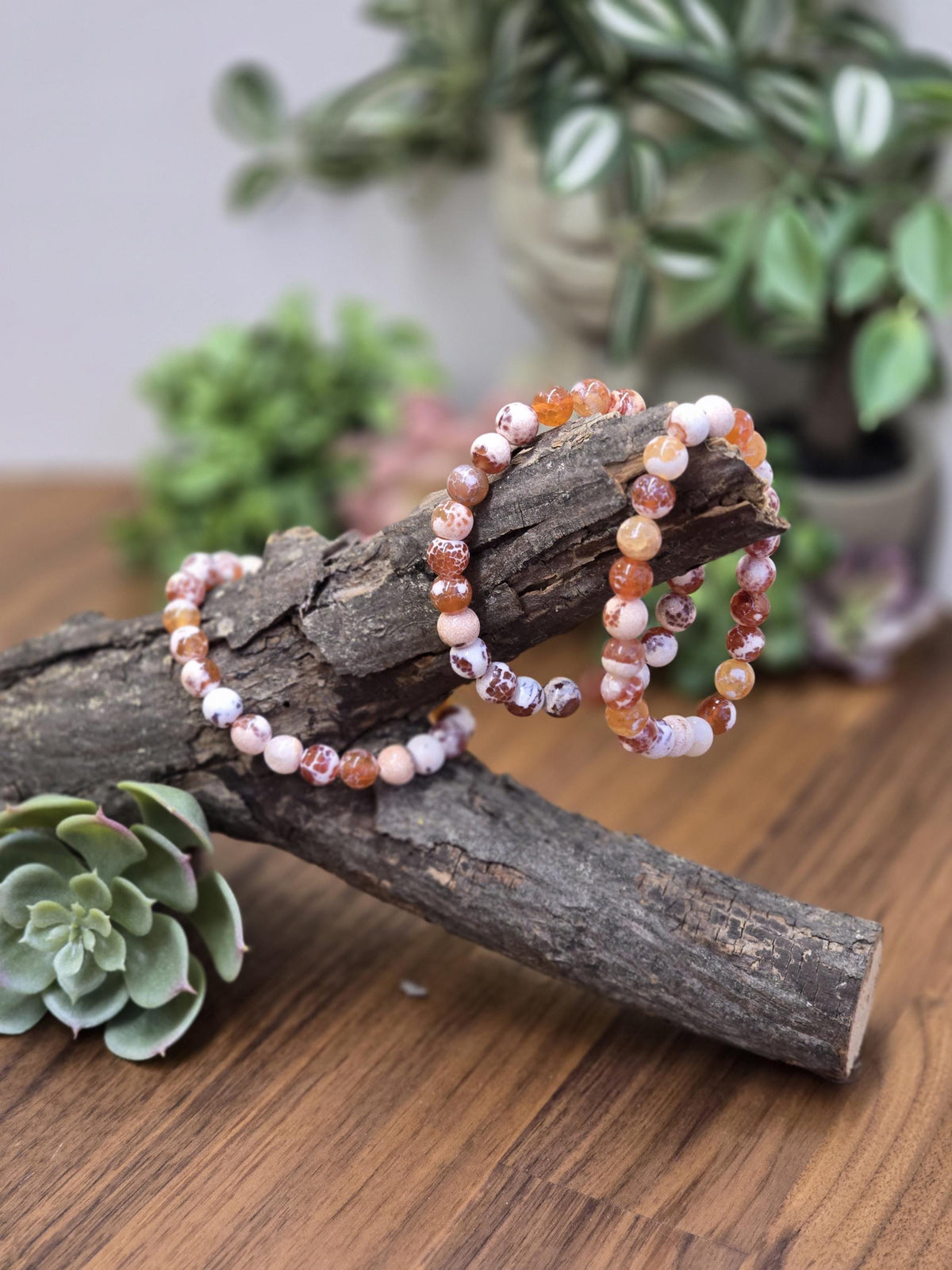Inv - Orange Fire Agate Bracelet | 8mm Carnelian Fire Crackle Agate Crystal Beads | Sunny Warm Autumn Citrus Accessory