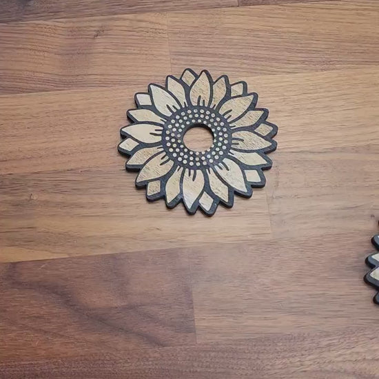 Sunflower Crystal Sphere Stand "Summer" | 3.75" | Black Etched Wooden Display | Sunny flower, seed center & petal edge cutouts | Ball Holder