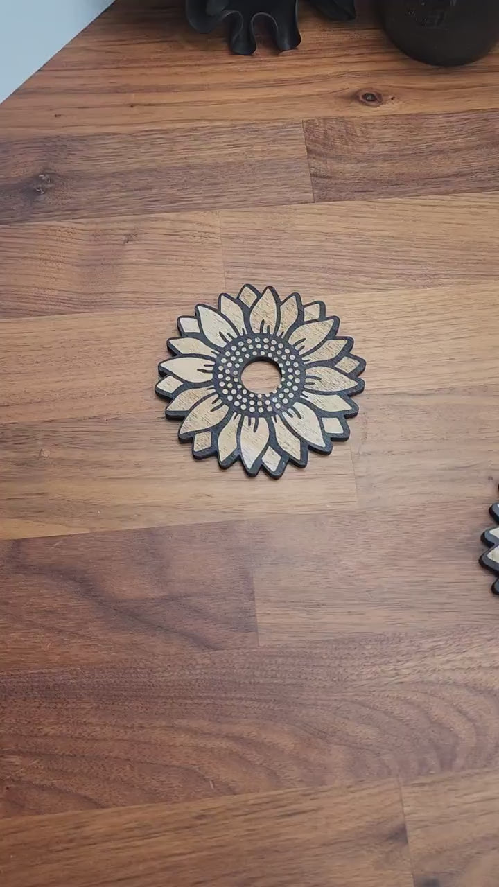 Sunflower Crystal Sphere Stand "Summer" | 3.75" | Black Etched Wooden Display | Sunny flower, seed center & petal edge cutouts | Ball Holder