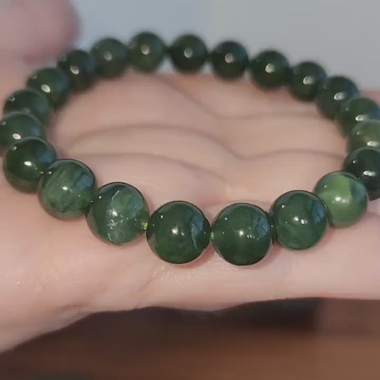 Green Jade Bracelet | 9MM | Large Deep Green Beads with Stretchy Band | Emerald Green Crystal Jewely | Intuitively Chosen