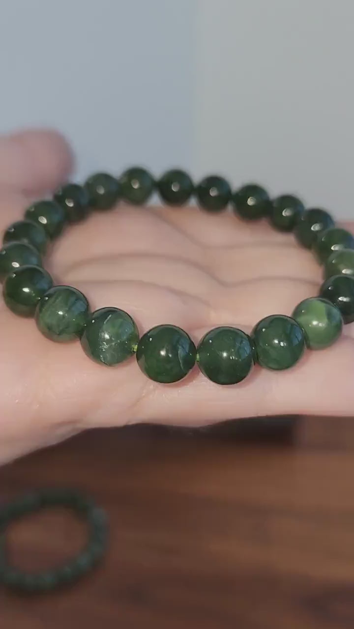 Green Jade Bracelet | 9MM | Large Deep Green Beads with Stretchy Band | Emerald Green Crystal Jewely | Intuitively Chosen