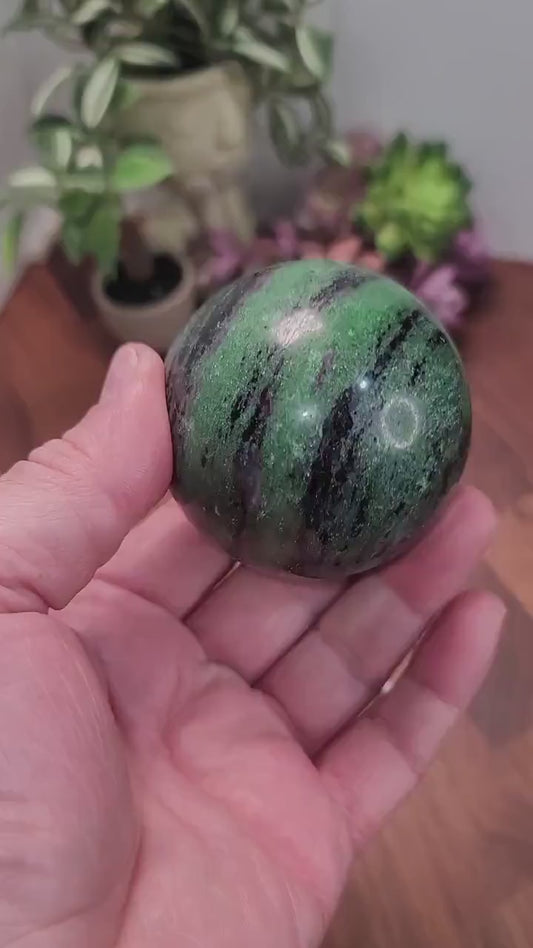 Inv - Ruby In Zoisite Crystal Sphere | UV Reactive | 70mm | Bright Neon Green & Pink Gemstone Ball | Gift for Punk Kids or Maximalist Moms