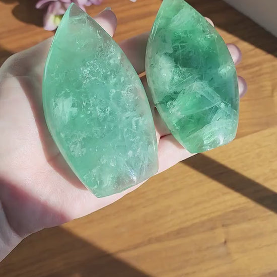 Green Fluorite Crystal Flame - Transparent Rainbow Flash Display