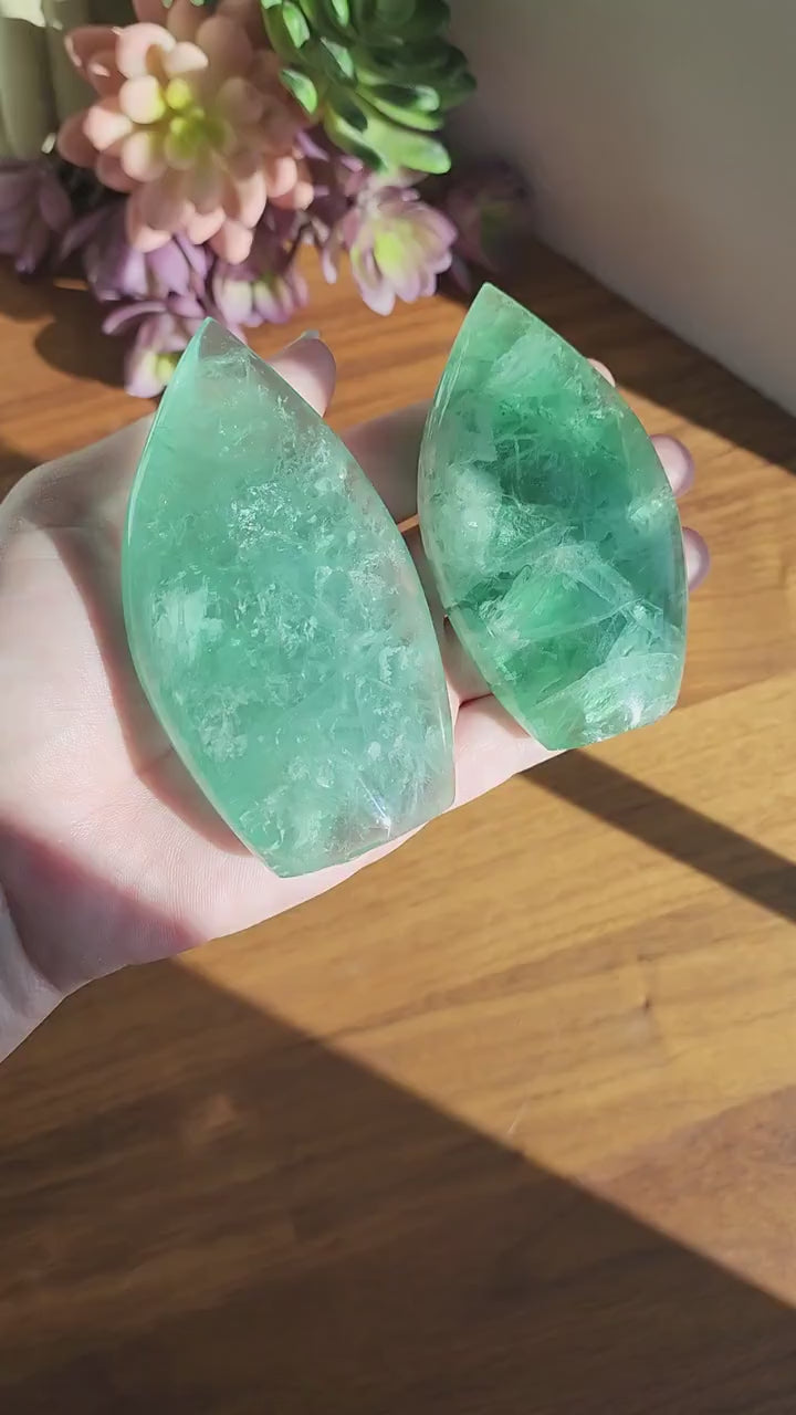 Green Fluorite Crystal Flame - Transparent Rainbow Flash Display
