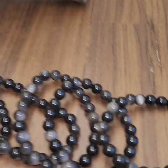 Silver Sheen Obsidian Bracelet: 8MM Natural Black Crystal Beads with Silver Gray Chatoyant Effect | Cool Gift for Rock Collectors  Kids
