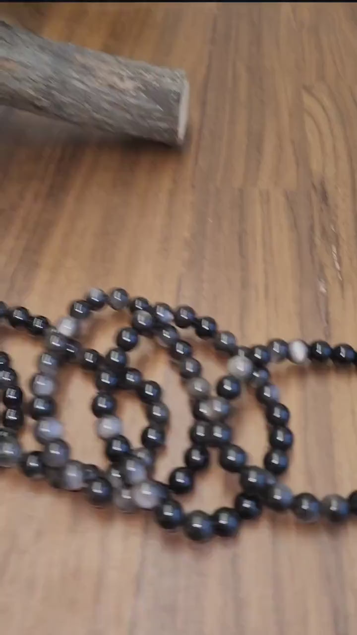 Silver Sheen Obsidian Bracelet: 8MM Natural Black Crystal Beads with Silver Gray Chatoyant Effect | Cool Gift for Rock Collectors  Kids