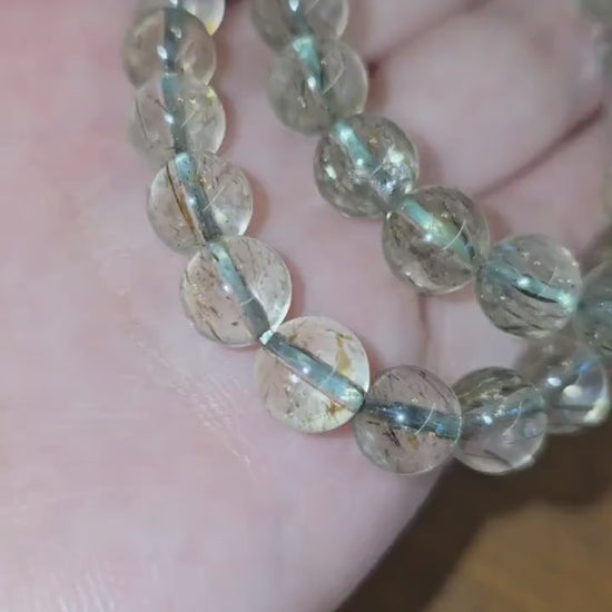 Inv - Green Rutile in Quartz Bracelet | 8mm High Quality Clear Quartz with Green Rutilated Strands - Only 2 Available