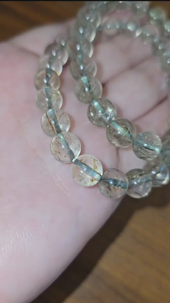 Inv - Green Rutile in Quartz Bracelet | 8mm High Quality Clear Quartz with Green Rutilated Strands - Only 2 Available