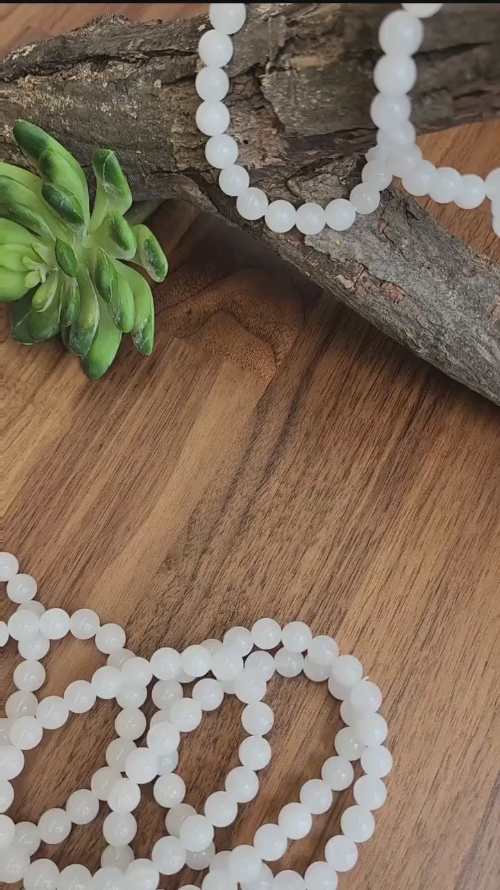 Snow White Agate Bracelet: 8MM Natural Milky Clear Quartz Beads | Cloudy White Gemstones