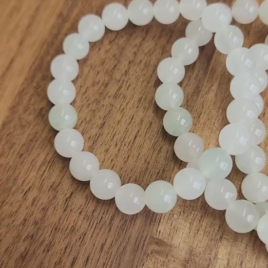 Ice Mountain Jade Bracelet: 8MM Natural Icy Jadeite Crystal Beads | Clear White with Cloudy hints of Green Sage | Rare High Quality Gemstone