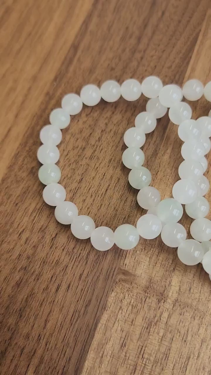 Ice Mountain Jade Bracelet: 8MM Natural Icy Jadeite Crystal Beads | Clear White with Cloudy hints of Green Sage | Rare High Quality Gemstone