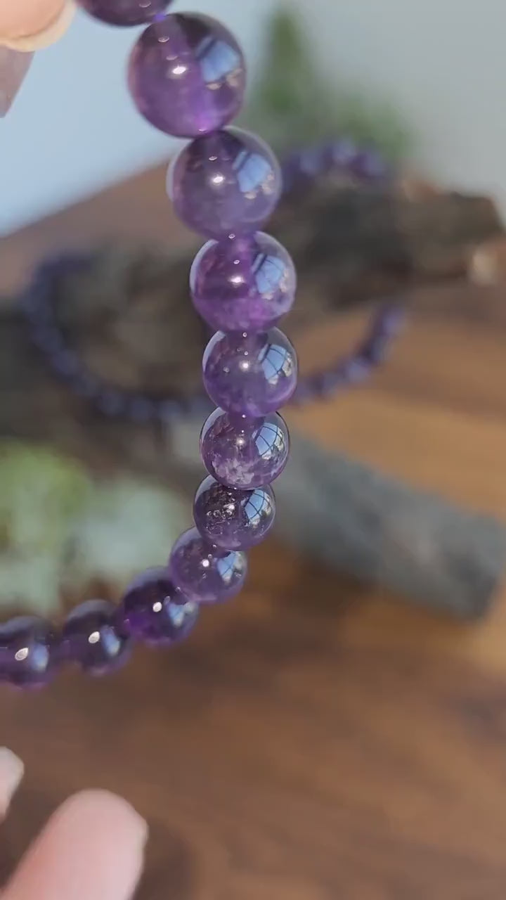 Purple Amethyst Bracelet - 8MM Deep Purple Crystal Beads | Witchy Halloween Vibes | Celestial Dark Night Jewelry | High Quality Transparent