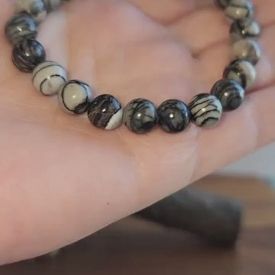 Inv - SpiderWeb Jasper Bracelet: 8MM Webbed Black and White Patterns for Halloween or Spooky Styles | Gothic Vibes Wednesday would Love!