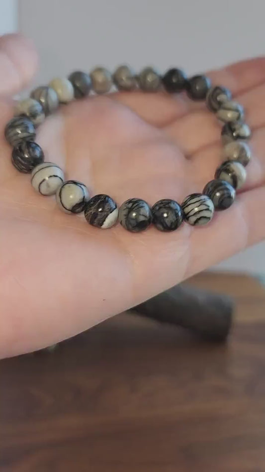Inv - SpiderWeb Jasper Bracelet: 8MM Webbed Black and White Patterns for Halloween or Spooky Styles | Gothic Vibes Wednesday would Love!