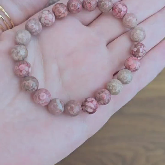 Pink Fossil Coral Bracelet: 8MM Red Chrysanthemum Crystal Beads | Maifanite Stone | Unique Pink Snowflake Llanite | Rare Jewelry Gift Idea