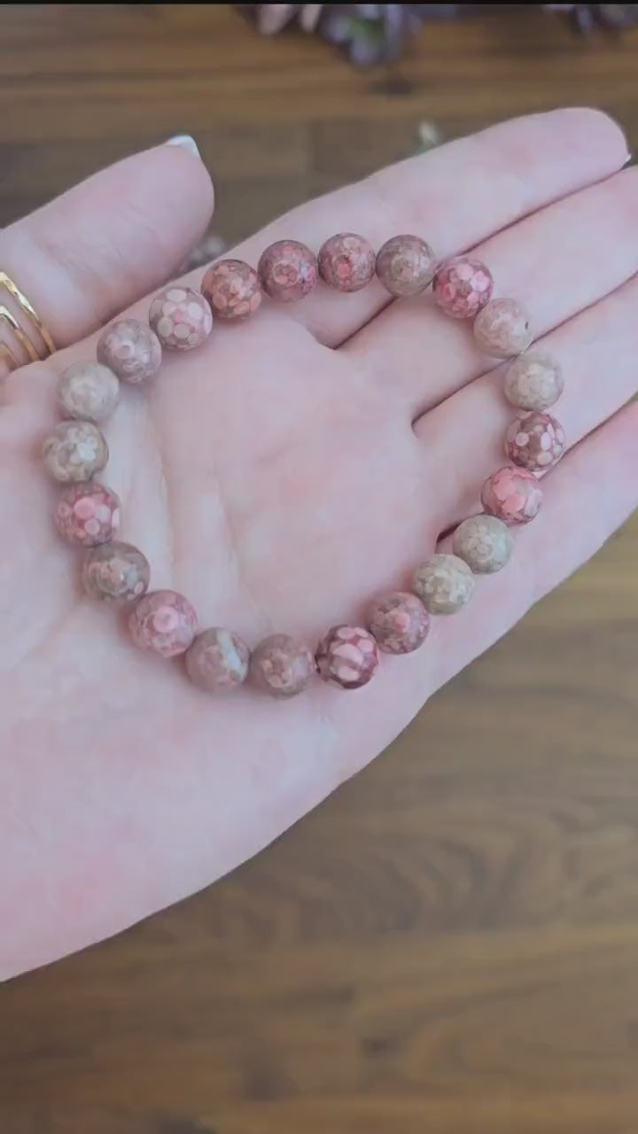 Pink Fossil Coral Bracelet: 8MM Red Chrysanthemum Crystal Beads | Maifanite Stone | Unique Pink Snowflake Llanite | Rare Jewelry Gift Idea
