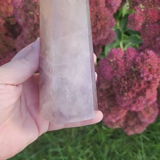 Flourite Tower. Translucent Lilac and Gray Banding. Chunky Gray. Medium Height. (Imperfect)