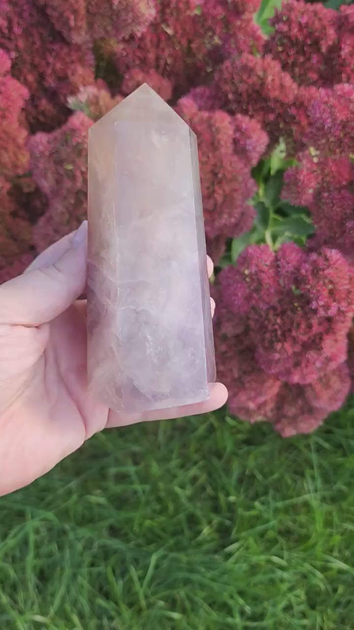 Flourite Tower. Translucent Lilac and Gray Banding. Chunky Gray. Medium Height. (Imperfect)