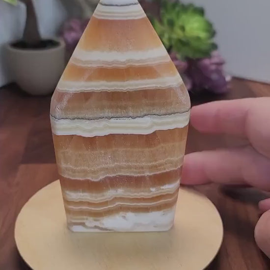 Atlas Calcite Crystal: Yellow Banded Freeform Flame, Autumn Decor (5")